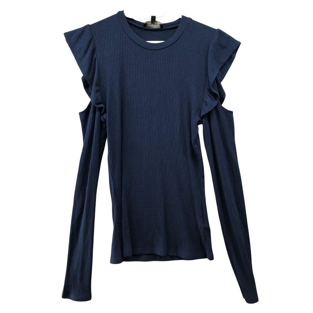 Lucky Brand Cold Shoulder Long Sleeve T Shirt Womens XS Blue Ruffle Ribbed